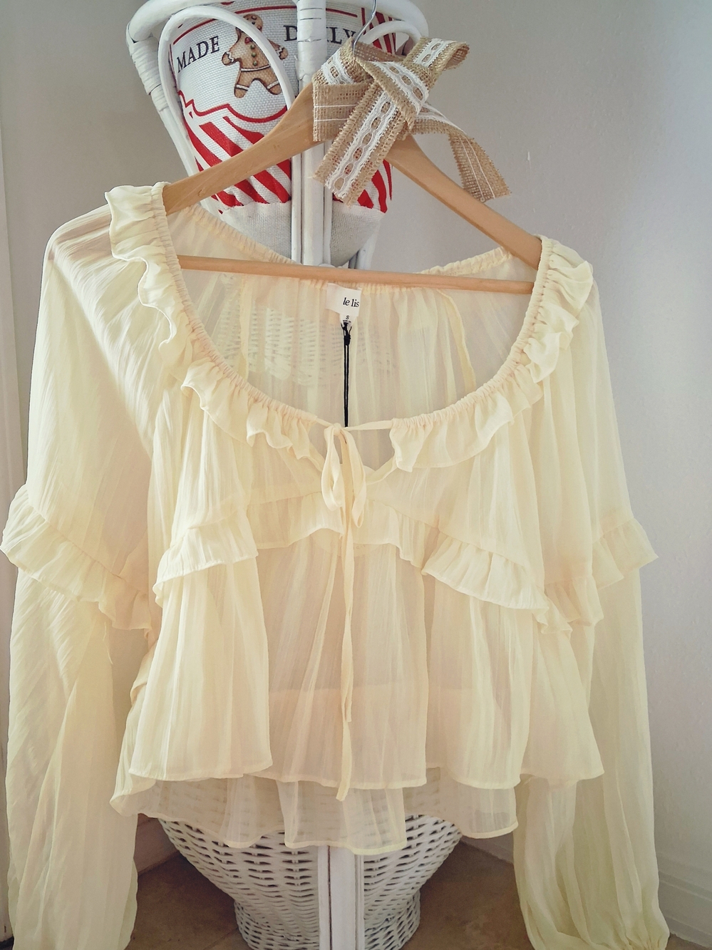 Le Lis Sheer Ruffled Pale Sunny Churned Yellow Flowy Long Sleeve Cropped Blouse